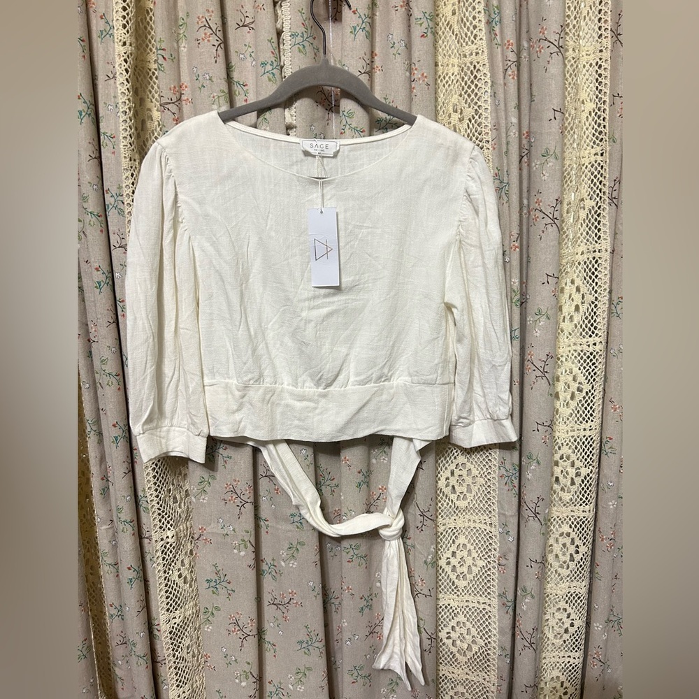 Sage the Label Anthropologie Ivory Linen Blend Tie Back Cropped Top XS NWT